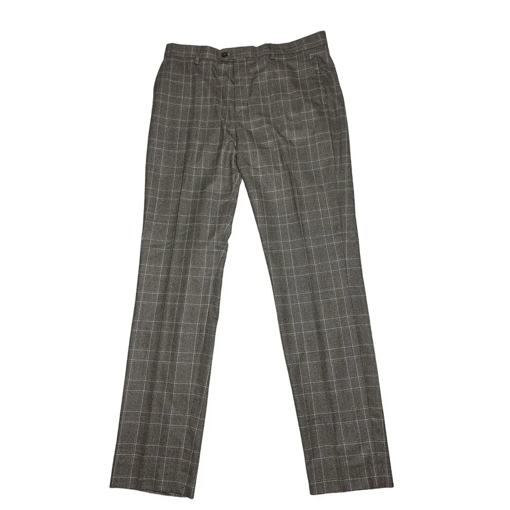 Men's Tailored Dress Pants Slim Fit Windowpane Size W36 34L Italian Flannel Wool
